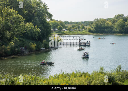 Naperville, Illinois, United States-September 4,2017:  People enjoying recreational boats at McDowell Grove Forest Preserve in Naperville, Illinois Stock Photo