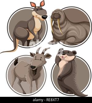 Set of wild animal on sticker template illustration Stock Vector