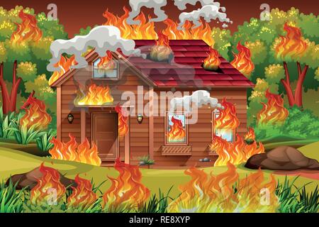 Cabin wooden house on fire illustration Stock Vector Image & Art - Alamy