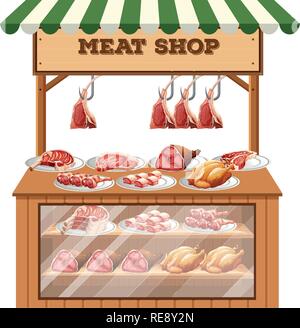 A butcher stall on white background illustration Stock Vector