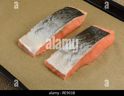 Two cuts of fresh raw salmon fillets on parchment paper on baking sheet with skin and scale side up Stock Photo