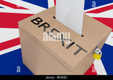 3D illustration BREXIT script on a ballot box, with Great Britain flag as a background. Stock Photo