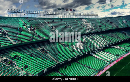 Benito Villamarin Stadium, Seville, Spain- January 20, 2019, Bleachers with few people 1 hour before starting a football match of Real Betis Balompié, Stock Photo