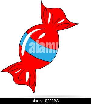 Candy in a red with blue strip wrapper, flat design object. Isolated on white background. Vector illustration, EPS10. Stock Vector