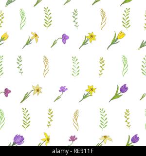 Seamless pattern with different spring flowers. Crocuses, daffodils and different herbs. Isolated elements on a white background. Vector hand drawing  Stock Vector
