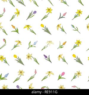 Seamless pattern with different spring flowers. Tulips and daffodils. Individual elements isolated on a white background. Vector hand drawing illustra Stock Vector