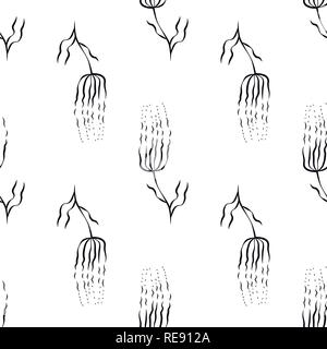 Abstract flowers with thin petals. Seamless pattern. Black on white background Stock Vector