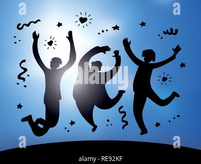 happy jumping group people silhouette and sky Stock Vector