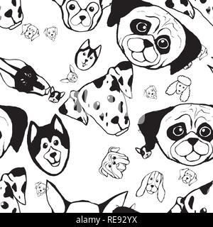 Seamless pattern with Dog breeds. Bulldog, Husky, Alaskan Malamute, Retriever, Doberman, Poodle, Pug, Shar Pei, Dalmatian Stock Vector