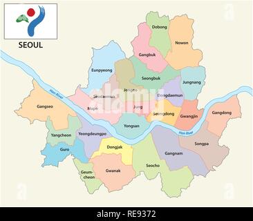 seoul administrative and political vector map with flag Stock Vector