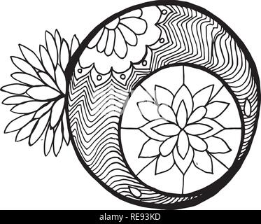 Illustration with the moon - a mandala with patterns and flowers. Stock Vector