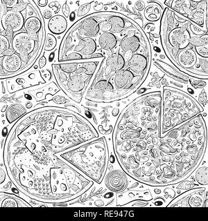 Vector Italian pizza seamless pattern. Hand drawn vintage illustrations. Italian Food design background. Can be use for menu, packaging, adversiting for caffe, restaurant, pizzeria Stock Vector