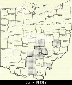 . Cooperative economic insect report. Beneficial insects; Insect pests. - 1222 DISTRIBUTION OF THREE SPECIES OF PERIODICAL CICADAS (Maglclcada spp.) IN OHIO A number of collections of adults of the 17-year species of periodical cicadas (Maglclcada spp.) were made in Ohio during the 1965 season. The shaded areas in three of the accompanying maps designate the counties in which three species were found. The maps, however, do not show specific locations within county boundaries in which these species occurred. These records summarize only the present known distribution of Maglclcada septendecim ( Stock Photo