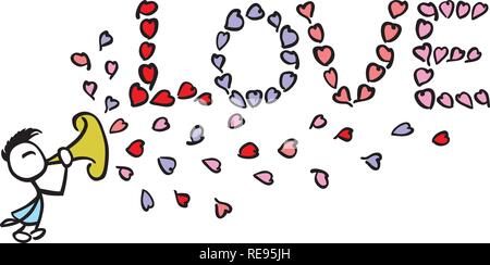 Stick man making the word love with hearts and a trumpet by jziprian Stock Vector