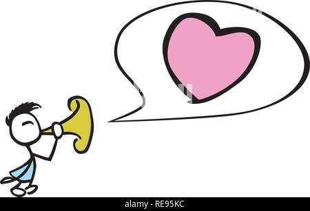 Stick man making a big heart in a speech bubble with a trumpet by jziprian Stock Vector