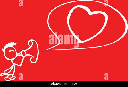 Stick man making a big heart in a speech bubble with a trumpet red background by jziprian Stock Vector