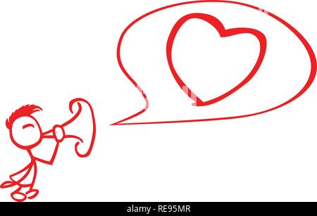 Stick man making a big heart in a speech bubble with a trumpet red outline by jziprian Stock Vector