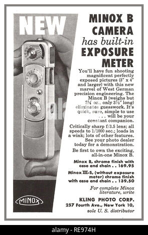 1950's Vintage miniature Minox B Camera 1958 Press Advertisement Ad. ‘With built-in Exposure Meter. You'll have fun shooting magnificent perfectly exposed pictures with this new marvel of West German precision engineering’. Also Minox III-S, without exposure meter. Kling Photo Corp. Sole US distributor. Stock Photo