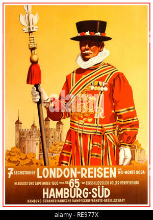 Vintage LONDON 1930’s German REISEN travel poster advertising Seven Day London Travel with M.S. Monte Rosa in August and September 1936 from RM 65 full catering included Hamburg-South Hamburg South America Steamship Company / 7 Sechstagige London-Reisen. Design by the German painter and graphic artist Ottomar Anton (1895-1976) featuring a Beefeater (Yeoman Warder) standing in front of trees and the Tower of London wearing the traditional red and gold coated uniform with medals on his chest. Pre-War Germany 1936. Designer: Ottomar Anton. Stock Photo