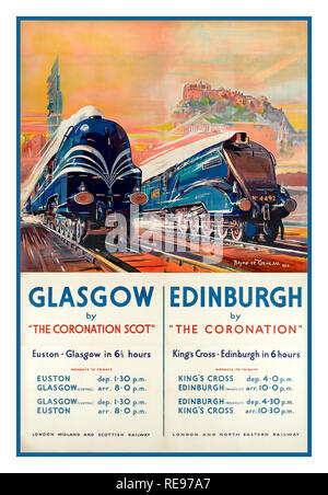 Vintage 1930's Steam Railway Poster promoting Two Rail services to London, one from Glasgow via The Coronation Scot to Euston and the other, Edinburgh via The Coronation to Kings Cross in around 6 hours Stock Photo