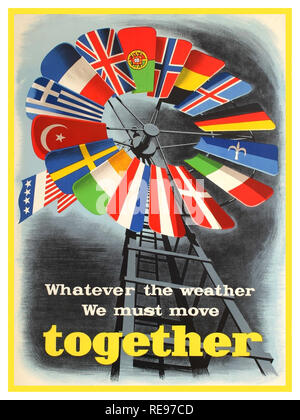 Marshall Plan Vintage propaganda poster for the post-war US sponsored European Recovery Program (1948) known as the Marshall plan - ‘Whatever the weather we must move together.’ Artwork design against a grey shaded background by I. Spreekmeester depicting a windmill with blades representing the flags of countries participating in the Marshall Plan with the American flag at the helm of the mill. This design received a Prize in the Intra-European Cooperation for a Better Standard of Living poster competition on the theme of cooperation and economic recovery held in post war Europe Stock Photo