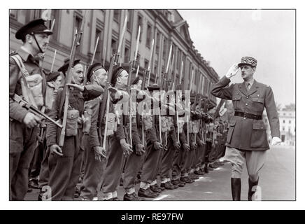 FREE FRENCH WW2 Propaganda Image of General Charles de Gaulle in exile during World War II saluting Free French Commando Unit Troops in London in 1942 on Bastille Day Stock Photo