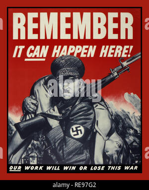 'Remember It Can Happen Here!'  Vintage American WW2 Propaganda image of  Adolf Hitler carrying the dead body of a child, he is wearing uniform of the Nazi Party, carrying a rifle and displaying a Swastika armband 'Remember It Can Happen Here!'  c1942 Stock Photo
