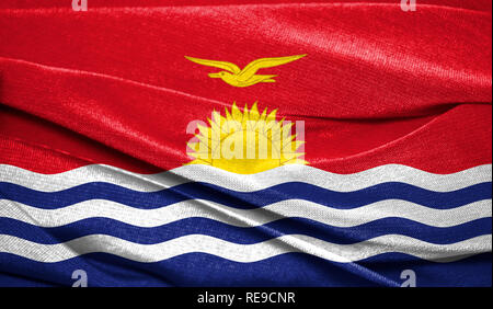 Realistic flag of Kiribati on the wavy surface of fabric. Perfect for background or texture purposes. Stock Photo