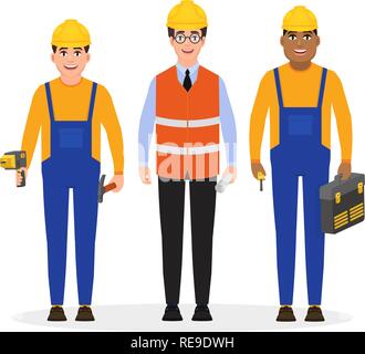 Male builders dressed in work clothes and a construction helmet and holding construction tools, three characters in flat style, vector illustration Stock Vector