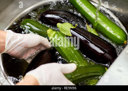 Washing heap of zucchinis and eggplants in metal bowl. Rinsing pile of eggplants and courgettes in metal basin. Dipping eggplants into water. Stock Photo