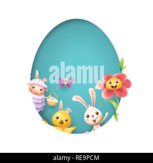 Easter friends sheep bunny chicken butterfly and flower peeking behind egg shape hole on blue background Stock Vector