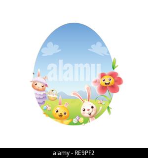 Easter friends sheep bunny chicken and flower peeking behind egg shape hole with decorated eggs on the ground Stock Vector