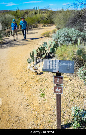 An older couple walks near a signpost with directions and distance for desert hiking trails in the Sabino Canyon Recreational Area in Tucson, AZ, USA Stock Photo