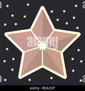 Stripped Red star icon sticker on dark starred background Stock Vector