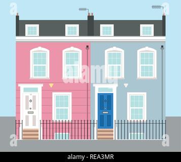 Bright Pink and Blue Georgian Typical UK Terraced Houses Stock Vector