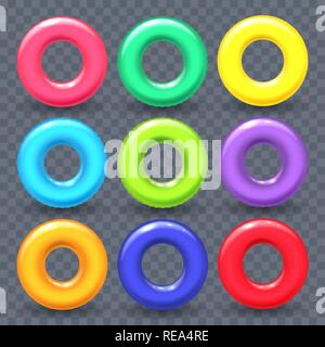 Inflatable swim rings. Swimming ring set vector illustration, rubber beach summertime swimrings for pool kids safety isolated Stock Vector