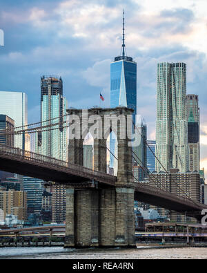 The Downtown Manhattan skyline as seen from Brooklyn Bridge Park Stock Photo