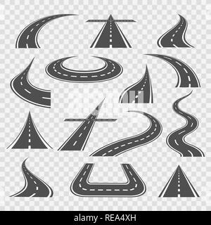 Road curves. Straight and highway roads ways vector illustration, transportation bended pathway curves isolated on transparent Stock Vector