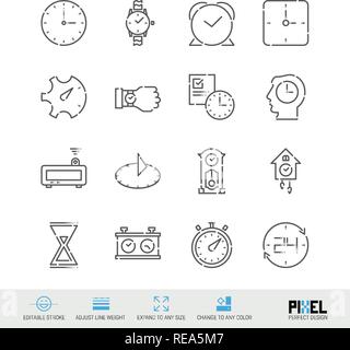 Vector Line Icon Set. Time Related Linear Icons. Clock Symbols, Pictograms, Signs Stock Vector