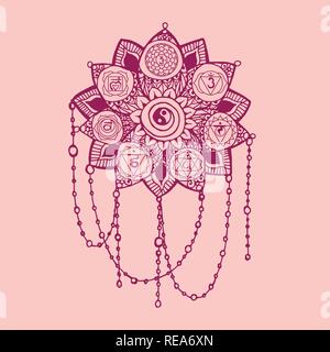 Doodle style pink line art lotus with yoga chakras pictogram and hieroglyph. Vector illustration for print design