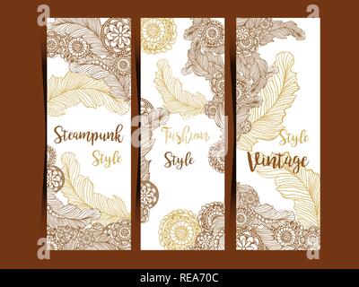 Vertical flyers or three fold brochure template with Steampunk decor, feathers and gear wheels elements. Fashion, vintage style advertising for website, corporate identity, shop layout and printing Stock Vector