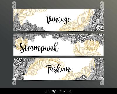Hand drawn steampunk technology element with gear-wheel and feathers. Artistic design for flyer, banner, websites, headers or printing. Dark background Stock Vector