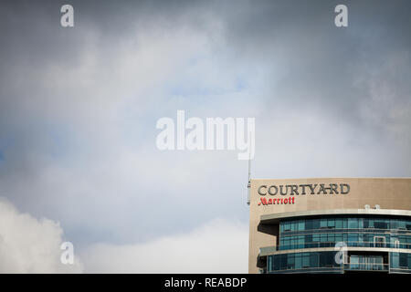 MONTREAL, CANADA - NOVEMBER 7, 2018:  Courtyard Marriott logo on their main hotel in Montreal, Quebec. Marriott Corporation is a worldwide brand, owne Stock Photo