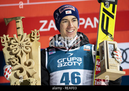 Zakopane, Poland. 20th Jan, 2019. A ski jumper, Stefan Kraft, seen on the podium during the Team individual competition for FIS Ski Jumping World Cup in Zakopane, Poland. Credit: Diogo Baptista/SOPA Images/ZUMA Wire/Alamy Live News Stock Photo