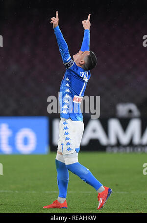 Naples, Italy. 20th Jan, 2019. Napoli's Jose Callejon (R) celebrates his goal during a Serie A soccer match between Napoli and Lazio in Naples, Italy, on Jan. 20, 2019. Napoli won 2-1. Credit: Alberto Lingria/Xinhua/Alamy Live News Stock Photo