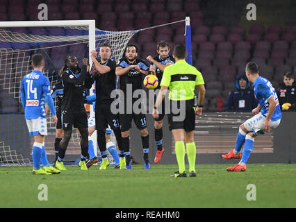 Naples, Italy. 20th Jan, 2019. Napoli's Arkadiusz Milik (1st R) scores his goal during a Serie A soccer match between Napoli and Lazio in Naples, Italy, on Jan. 20, 2019. Napoli won 2-1. Credit: Alberto Lingria/Xinhua/Alamy Live News Stock Photo