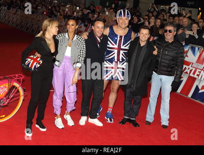 Judges and hosts, Amanda Holden, Alesha Dixon, Anthony McPartlin, David Walliams, Declan Donnelly and Simon Cowell are seen at the London Palladium for the Auditions of Britain's Got Talent TV Show - Series 13. Stock Photo