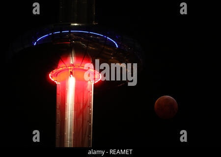 Brighton, UK. 21 January 2019 A Super blood wolf moon is seen behind the British Airways i360 observation tower in Brighton during a lunar eclipse. Credit: James Boardman / Ģ����ý Live News Stock Photo