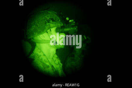 Hannover, Germany. 21st Jan, 2019. View through a new night vision goggle XACT nv33 in the Bundeswehr Kaserne Wilhelmstein on a soldier who also wears such goggles. More than 100 new night vision goggles were handed over to soldiers of the Very High Readiness Joint Task Force Land VJTF(L) 2019. Credit: Julian Stratenschulte/dpa/Alamy Live News Stock Photo