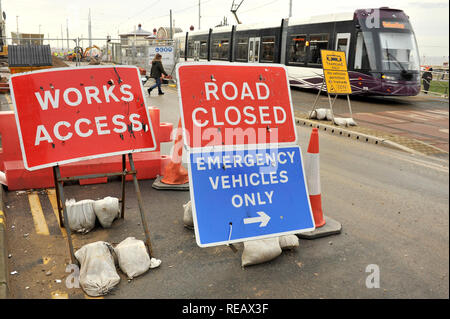 Blackpool, UK. 21st January 2019. Blackpool Promenade(A584)linking the town to Lytham St Annes and onward to Preston to remain closed for a further five weeks. The road was closed for town centre improvements including the building of a £21 million tramway extention and was scheduled to re-open today(21st).Work is still being carried out on the new tram track which is set to be opened in spring of 2019. Credit: kevin walsh/Alamy Live News Stock Photo